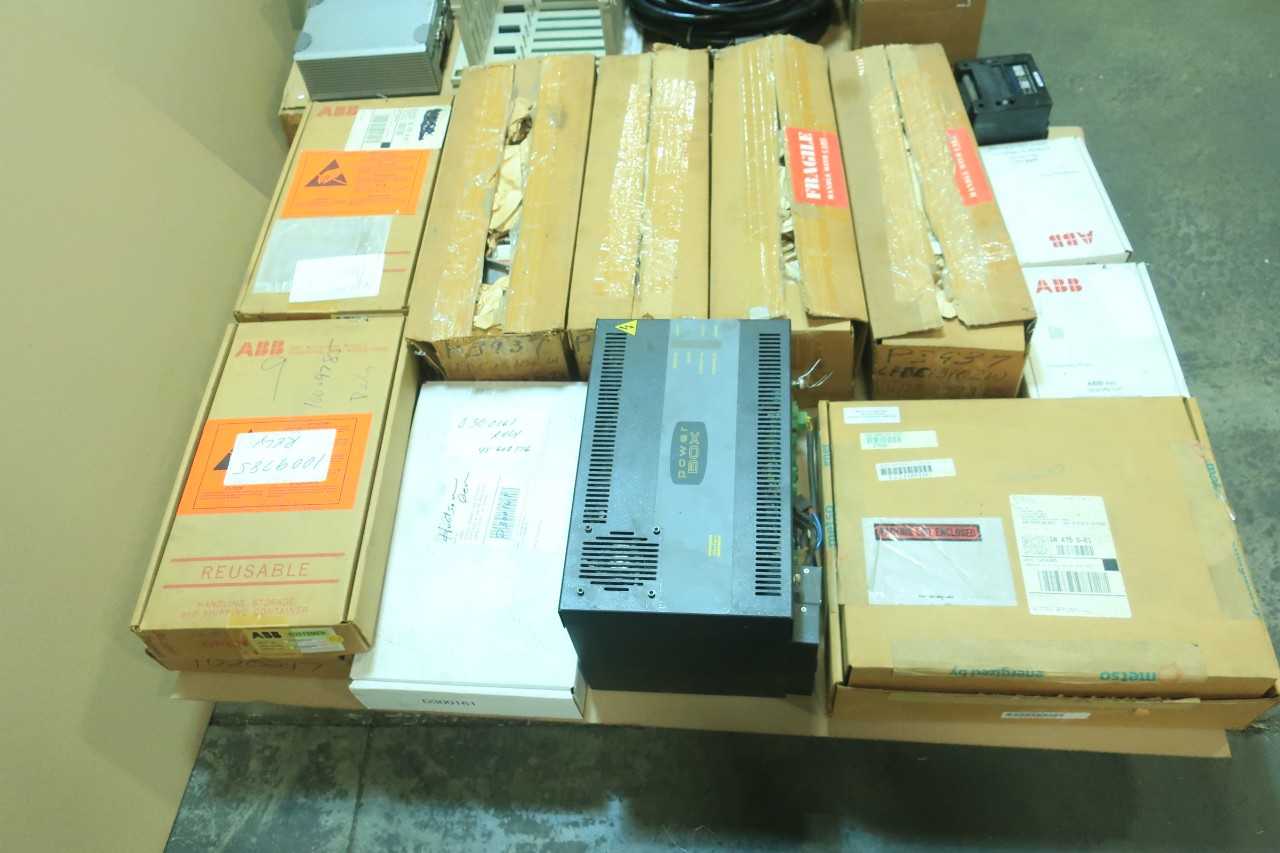 2 PALLETS OF ASSORTED ELECTRICAL CABLE-WIRE CONTROLS, CIRCUIT BOARD CONTROLS, LASER SCANNER, MOTOR DRIVE, MODULE CONT, AMP SWITCH CONTROLS- ABB, ADVANTECH, OMRON, SICK, ALLEN BRADLEY, BAILEY - AUTOMATION & CONTROLS