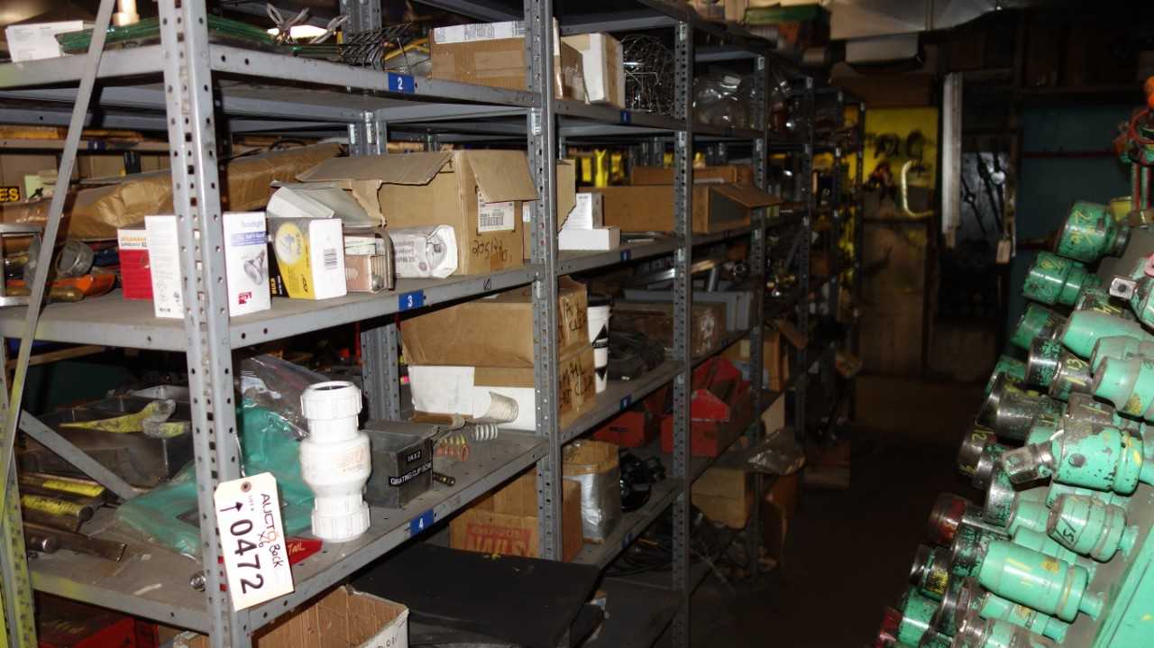 CONTENTS OF 6 SHELVING SECTIONS ASSORTED BULBS BLOCKS CLAMPS AND FITTINGS - INDUSTRIAL PARTS