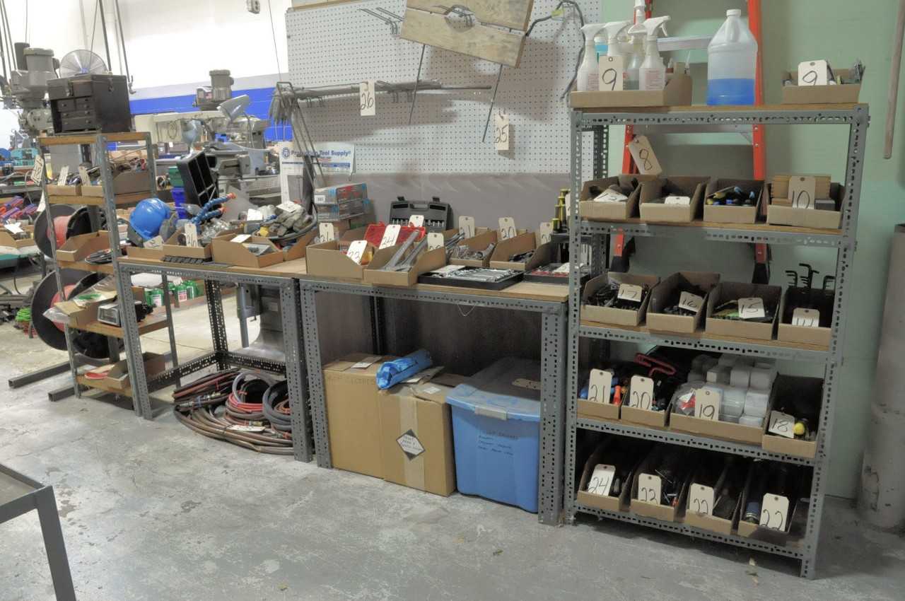 Lot-(2) Sections Shelving and (2) Benches, (Contents Not Included), (Not to Be Removed Until Empty) - SHELVING