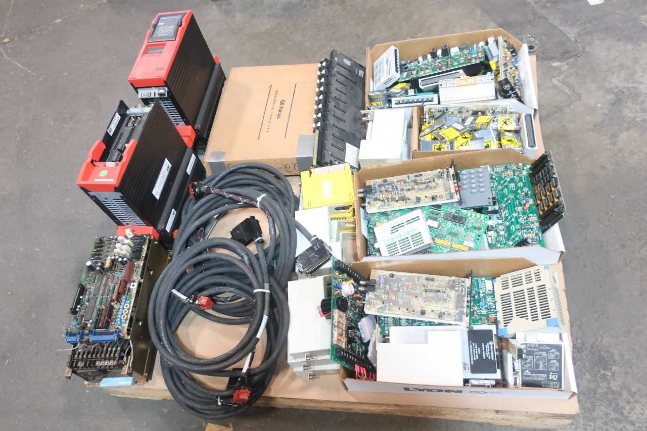 1 PALLET OF ASSORTED ELECTRTICAL MODULES, CIRCUIT BOARDS, BASE UNIT RACK CONTROLS, AC CABLE-WIRE CONTROLS, SERVO CONTROLLER, MOTOR DRIVE- GE FANUC, OMRON, ABB, YASKAWA, SEW EURODRIVE, GENERAL ELECTRIC, EMERSON - AUTOMATION & CONTROLS