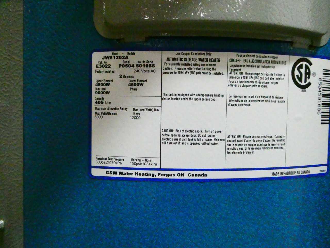 JOHN WOOD E3022 JEW1202A WATER HEATER - HVAC EQUIPMENT