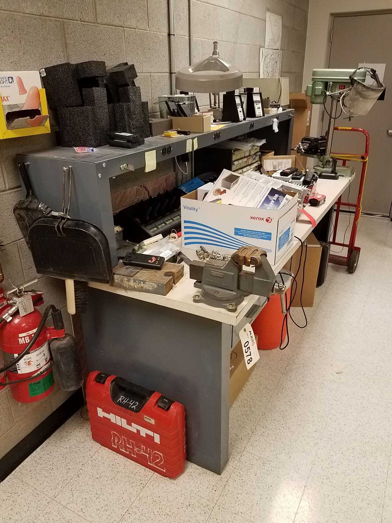 8' x 3' steel work desk with wood surface, 3" vise (no other contents included) - PLANT & FACILITY