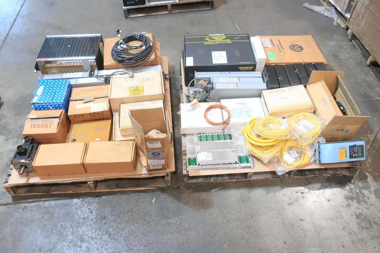 2 PALLETS OF ASSORTED ELECTRICAL CONTROLS, SERVO MOTOR, PROCESSOR CONTROLS, MOTOR DRIVE, CHASSIS RACK, LIGHT CURTAIN, LASER SCANNER, SERVO DRIVE- ALLEN BRADLEY, YASKAWA, SICK, WESTINGHOUSE, FOXBORO, EATON, SCHNEIDER, B&R AUTOMATION, GE FANUC - AUTOMATION & CONTROLS