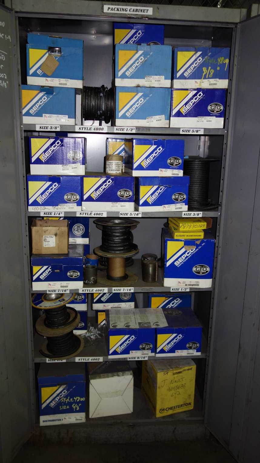 LOT OF 4 CABINETS WITH CONTENTS, ASSORTED PACKING PACKING MATERIAL - PUMPS