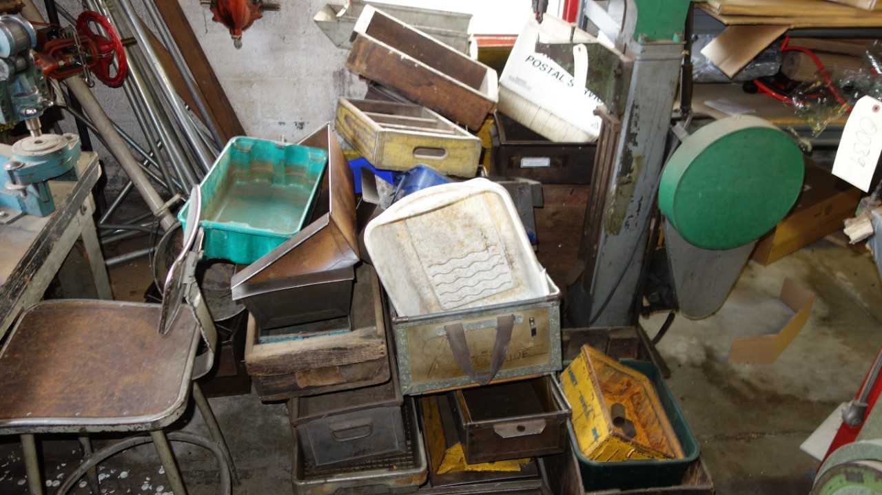 LOT OF ASSORTED BINS, TOTES AND BUCKETS, STEEL AND WOODEN - MATERIAL HANDLING