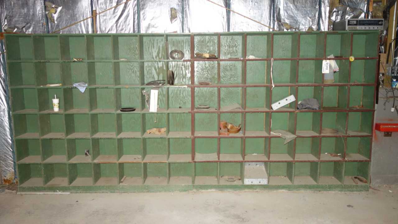 LOT OF 2 WOODEN PIGEON HOLE CABINETS WITH CONTENTS - INDUSTRIAL PARTS