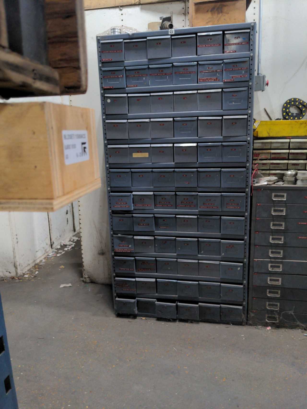 8 SECTION OF METAL STORAGE BINS AND SHELVING WITH CONTENTS , MRO - MISCELLANEOUS