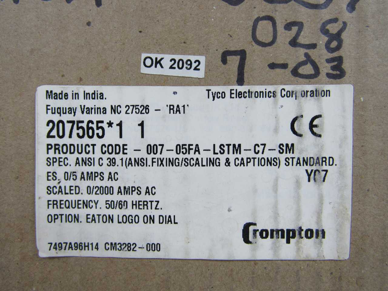 Quantity 1 of Eaton 007-05FA-LSTM-C7-SM Meter 0-2000A - ELECTRICAL COMPONENTS