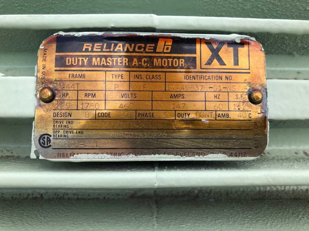 125 HP 1800 RPM 444T Frame Reliance Motor Rebuilt - ELECTRIC MOTORS