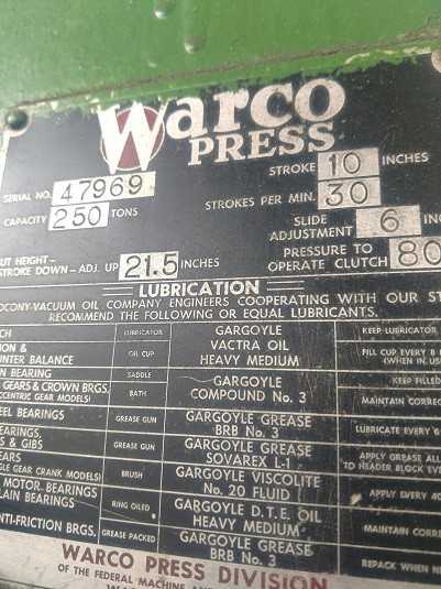 WARCO MODEL 2502-96CC PUNCH PRESS, S/N 47969 - SHEET METAL EQUIPMENT