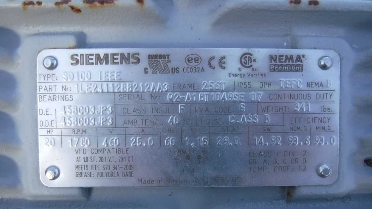 20 HP 1800 RPM 256T Frame Siemens Motor - ELECTRIC MOTORS