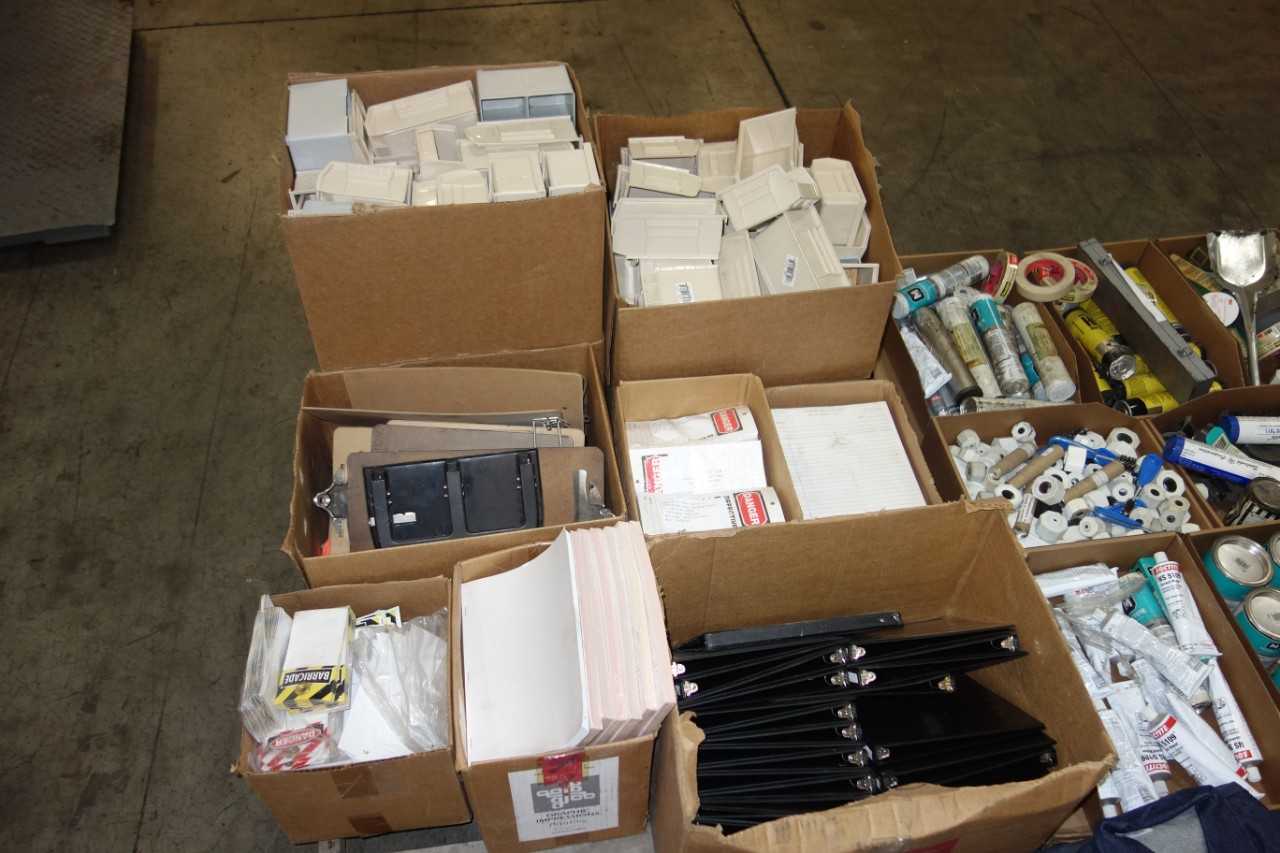 3 PALLETS OF MISCELLANEOUS ROLLING STOCK, SUPPLIES, TOTES, L DENIM SHIRTS, OFFICE SUPPLIES - PLANT & FACILITY