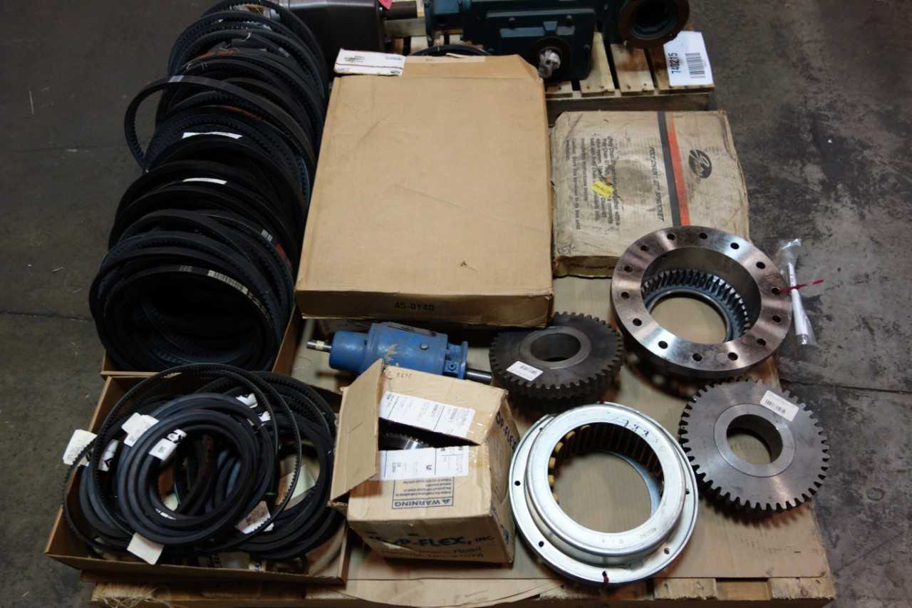 2 PALLETS OF ASSORTED BELTS, SPROCKETS, COUPLING SLEEVES, GEAR REDUCERS- TB WOODS, FALK, GOODYEAR - GEAR REDUCERS