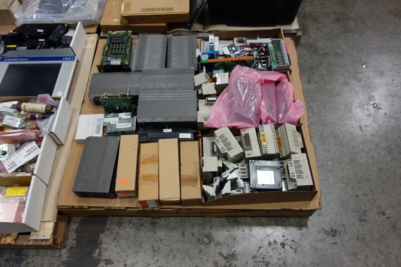 4 PALLETS OF ASSORTED ELECTRICAL - LIGHTING, CIRCUIT BOARDS, MODULES, TONER KIT, CABLES, FUSES, BREAKERS, IPANELS, TRANSORMERS, MISCELLANEOUS - ALLEN BRADLEY, NEW HUBBELL, OMRON, WESTINGHOUSE, KRONES - ELECTRICAL PARTS