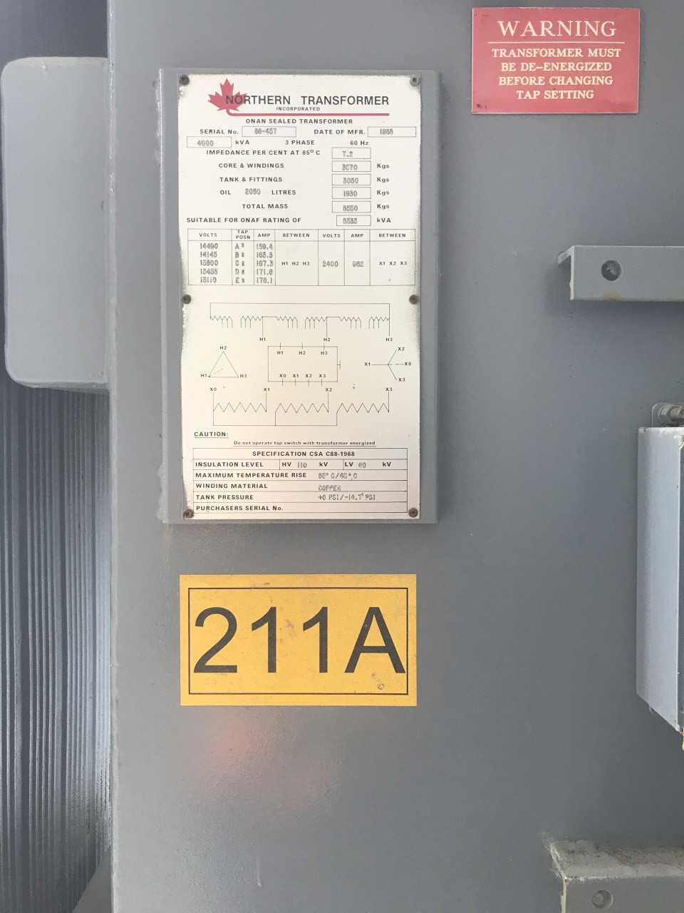 1988 Northern Transformer 4000KVA 13800V-AC Oil Type Transformer - CONTROL TRANSFORMERS