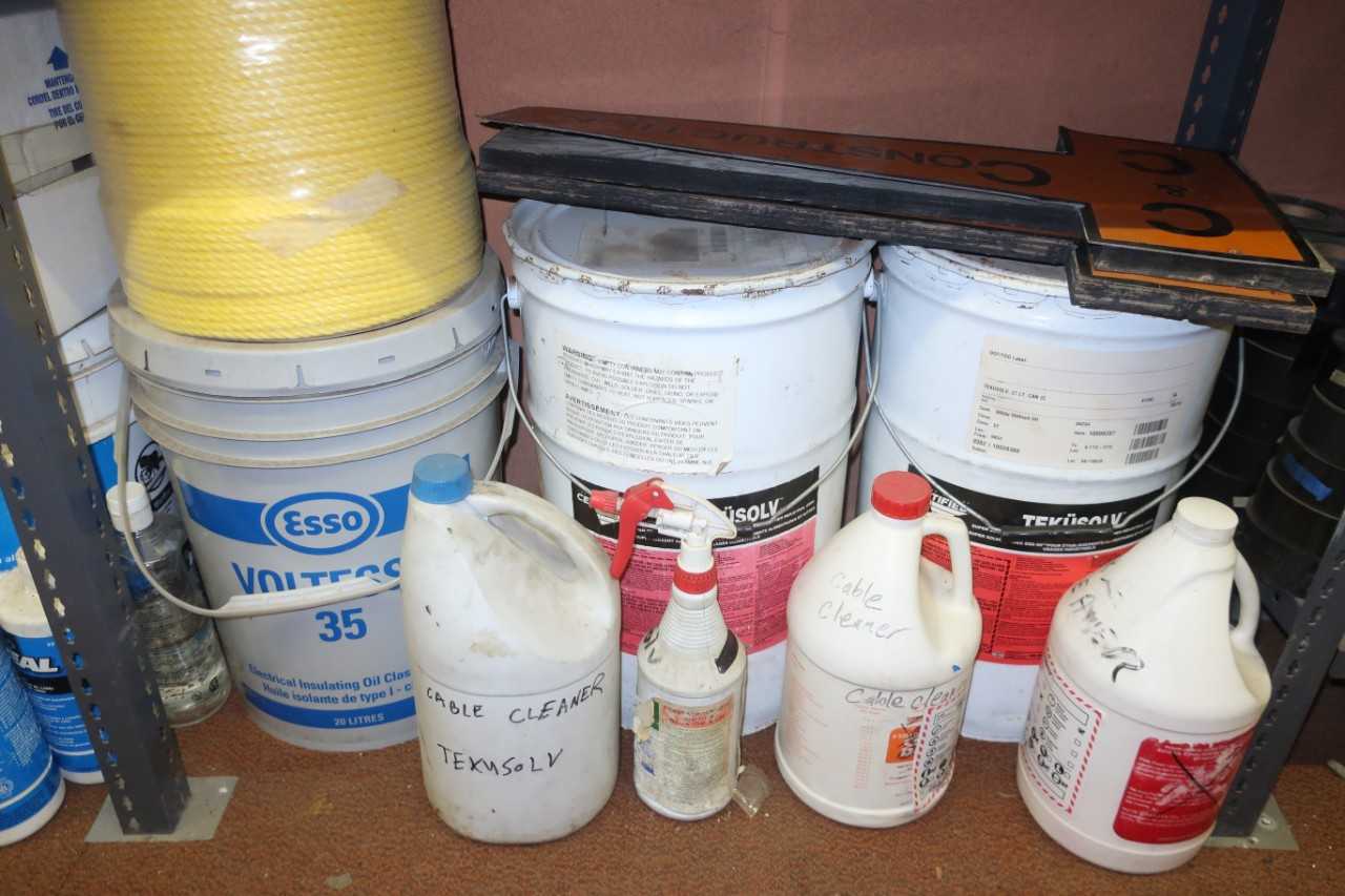 CONTENTS OF SHELF, ASSORTED CONSUMABLE SAFETY SUPPLIES, CAUTION TAPE, ASBESTOS TAPE, DUCT TAPE, SCOTCH TAPE, LUBRICANT - SAFETY EQUIPMENT