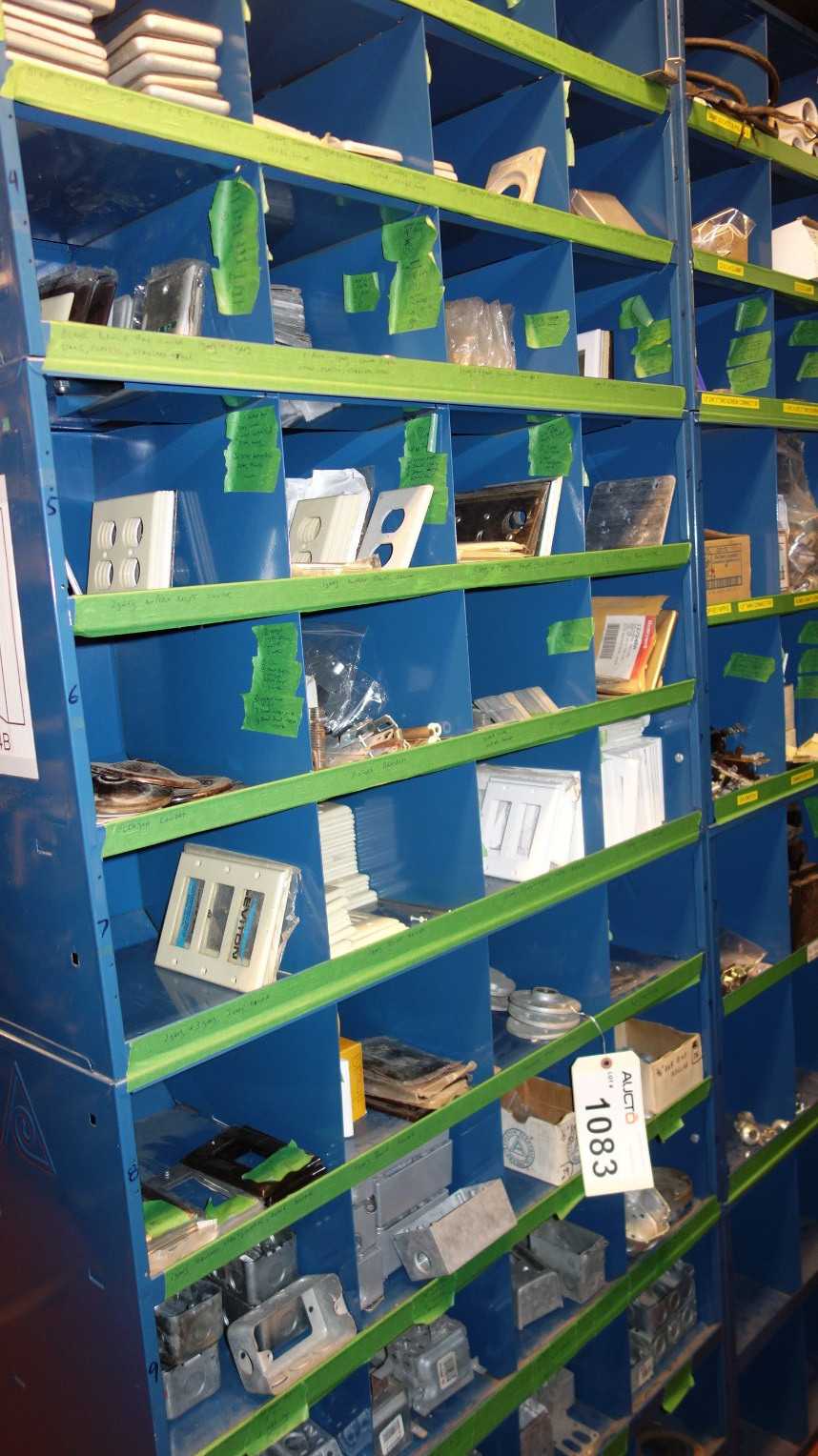 CONTENTS OF 4X STACKED PIGEON HOLE CABINETS, ASSORTED ELECTRICAL CONDUIT - ELECTRICAL COMPONENTS