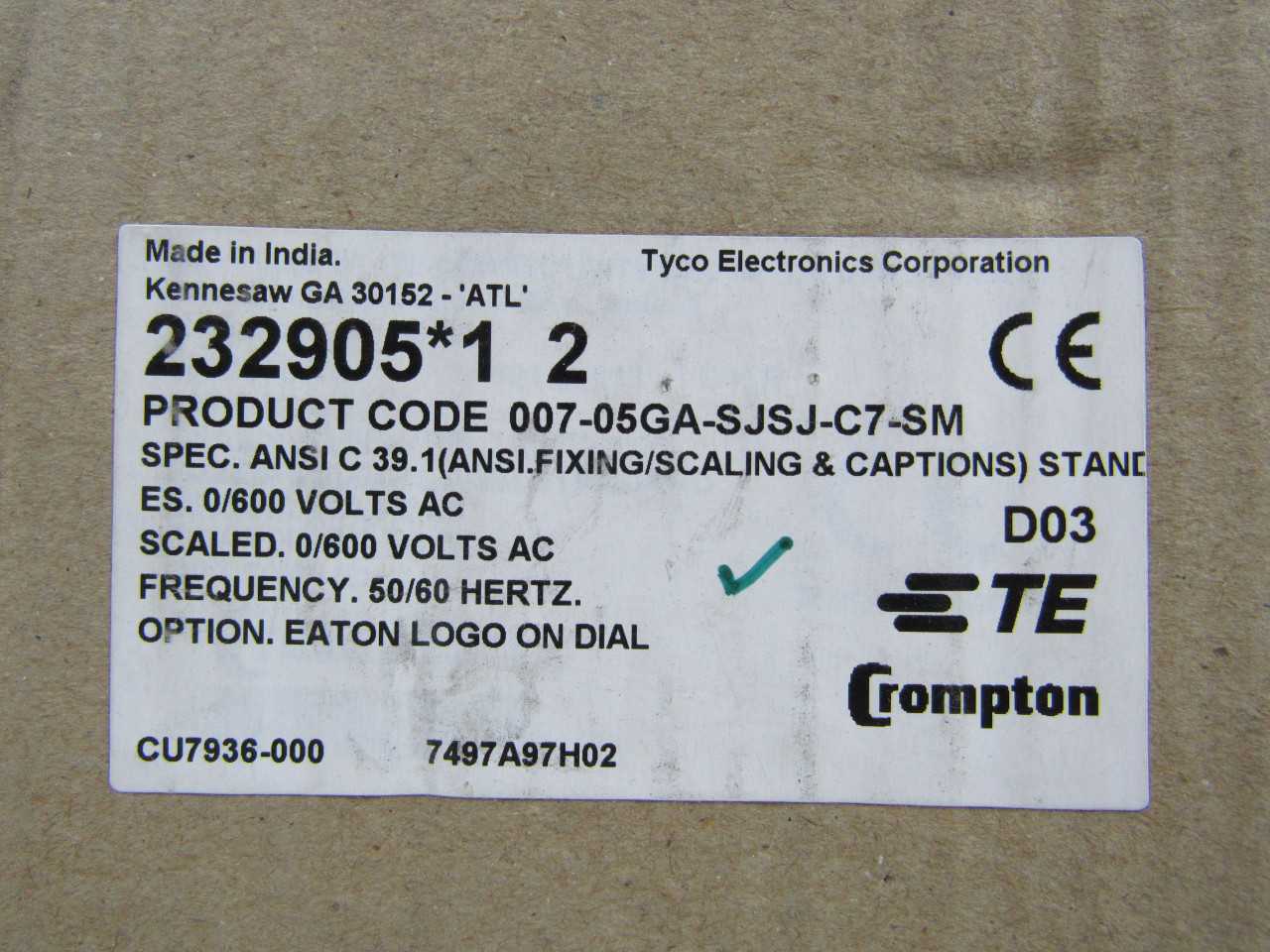 Quantity 3 of Eaton 007-05GA-SJSJ-C7-SM Meter 600VAC - ELECTRICAL COMPONENTS