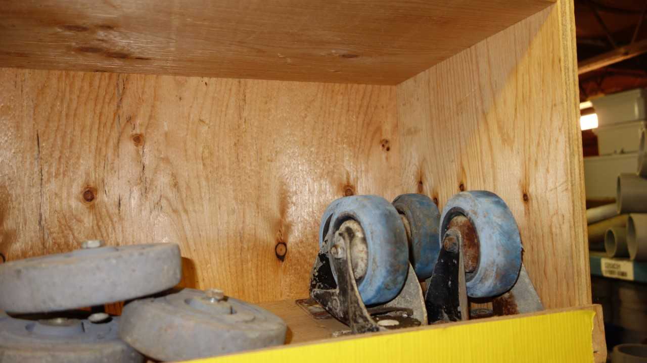CONTENTS OF PIGEON HOLE CABINET, ASSORTED CART WHEELS - TOOL STORAGE