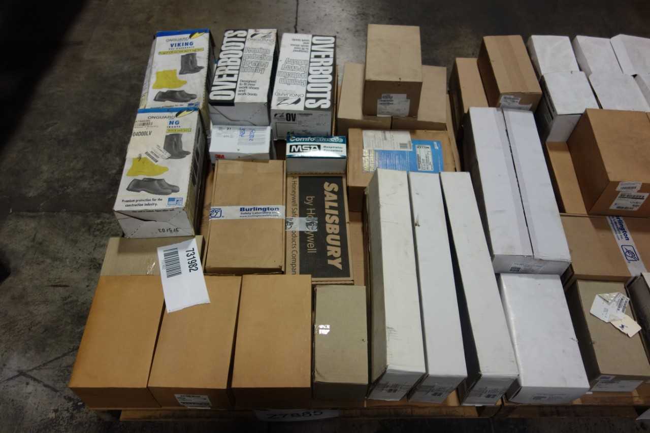 2 PALLETS OF ASSORTED SAFETY EQUIPMENT, BOOT COVERS, GLASSES, GLOVES, RESPIRATOR FACE PIECES - SAFETY EQUIPMENT