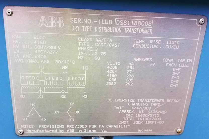 ABB Dry Type Cast-Coil Transformers 2000 KVA - ELECTRICAL COMPONENTS