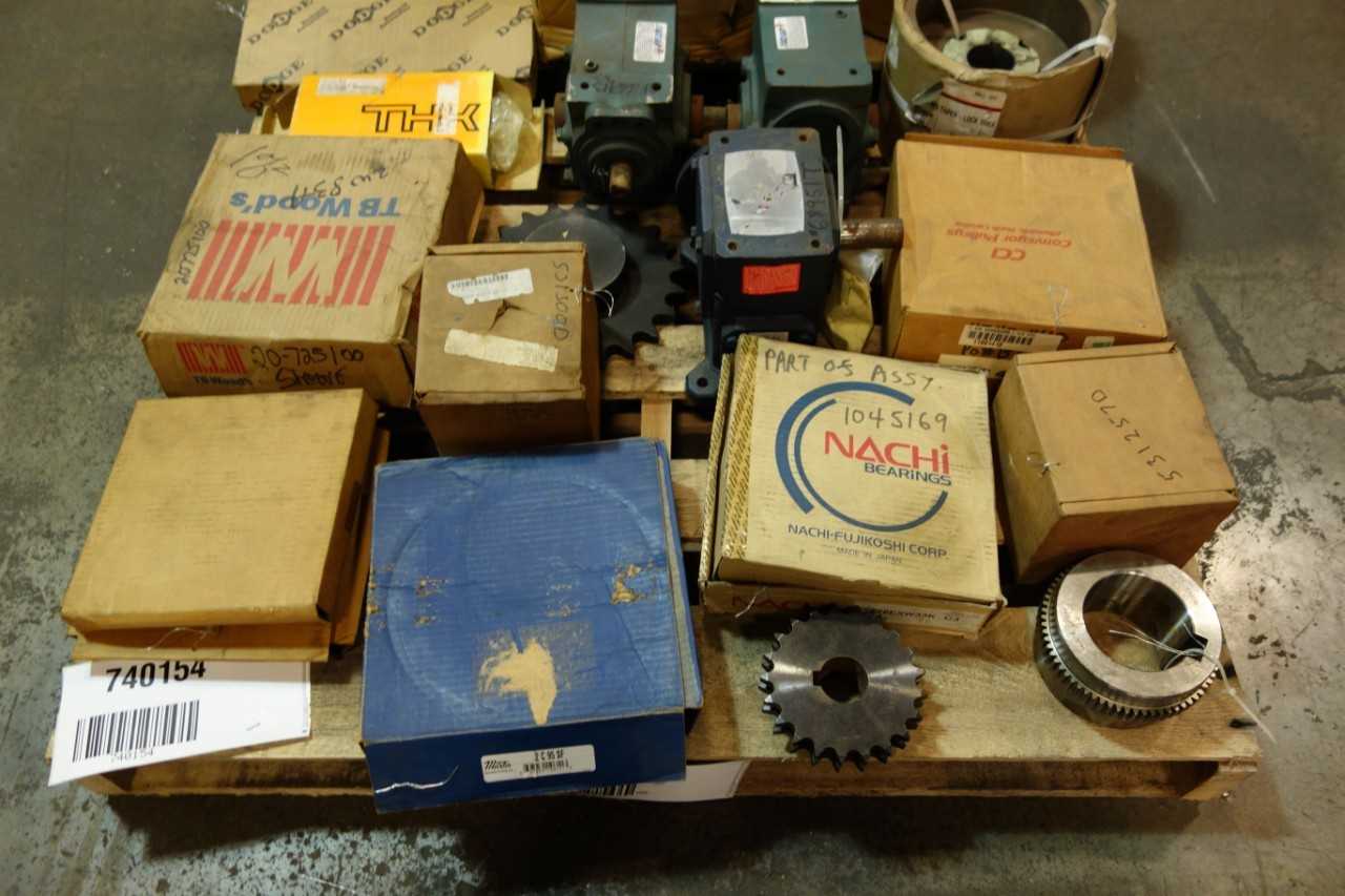 1 PALLET OF ASSORTED BEARINGS, CHAINS, GEAR REDUCERS- DODGE, NACHI, FALK - GEAR REDUCERS