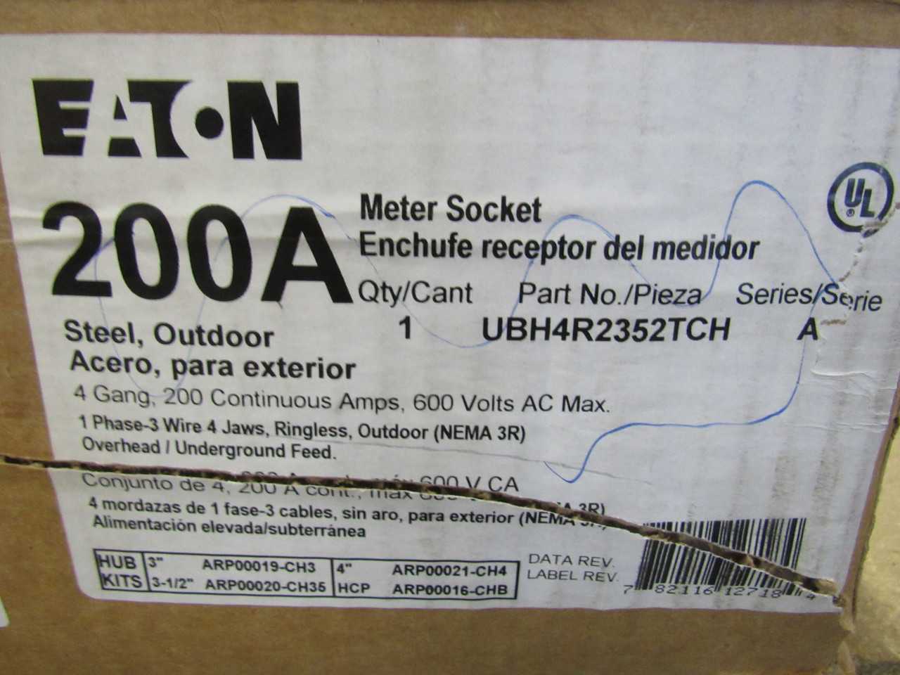 Quantity of 1 New Surplus Eaton UBH4R2352TCH Meter Socket Ringless 200A 600V 1 - INDUSTRIAL PARTS Quantity of 1 New Surplus Eaton UBH4R2352TCH Meter Socket Ringless 200A 600V 1 - INDUSTRIAL PARTS