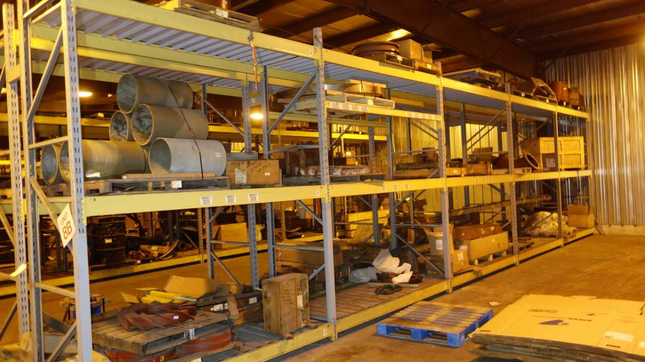 CONTENTS OF 3 RACK ROWS, STEEL REPLACEMENT PARTS, CASINGS, COVERS, DISCS, TUBING - MISCELLANEOUS