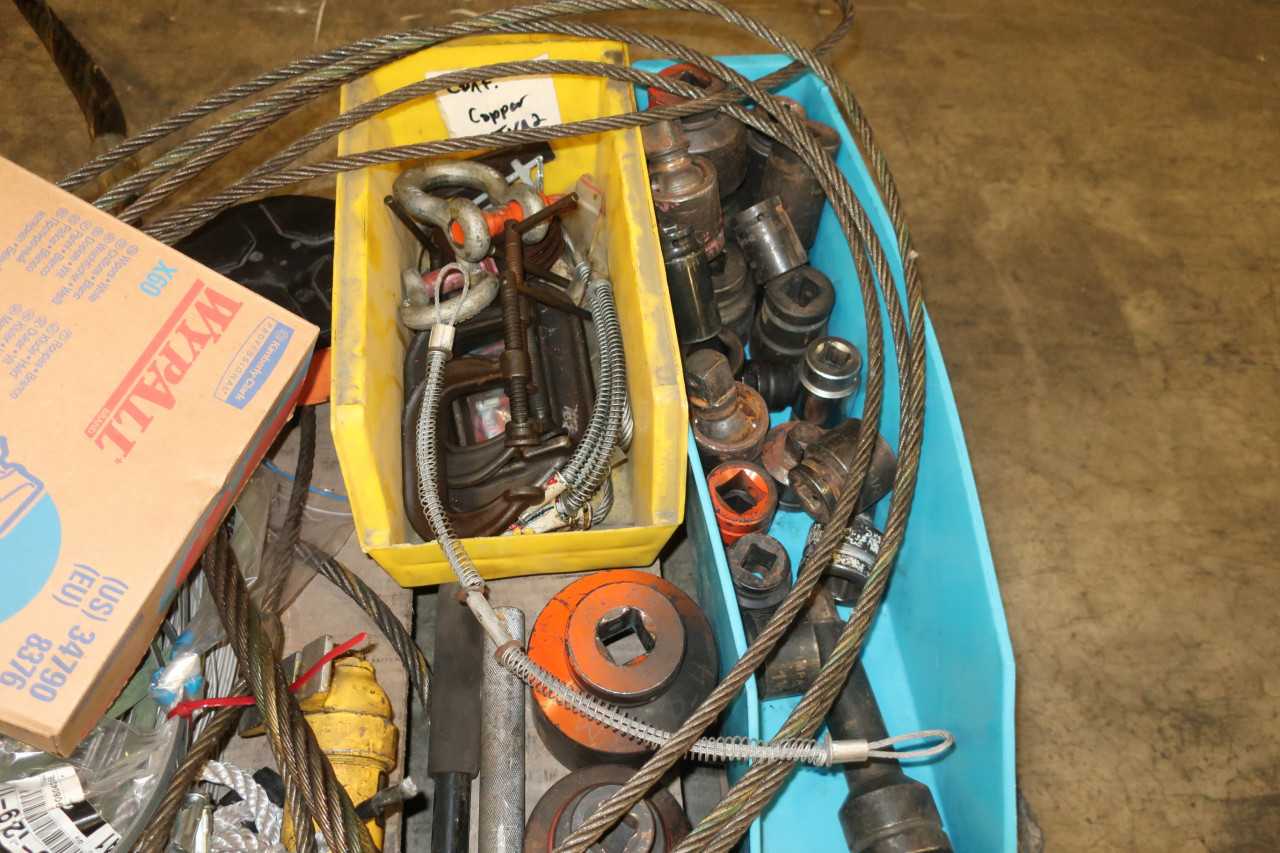 3 PALLETS OF ASSORTED TOOLS SAWS CLEVIS WRENCHES STRAPS HOISTS - ELECTRIC POWER TOOLS