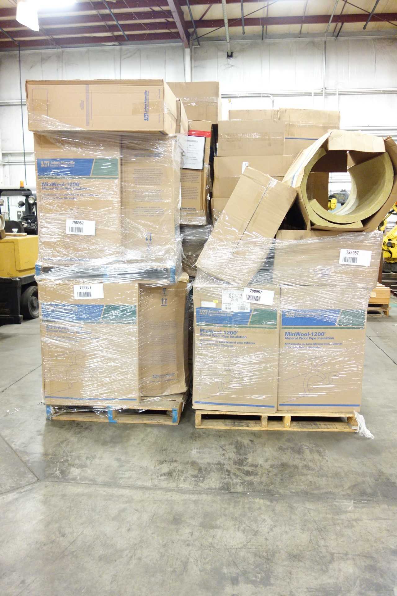 14 PALLETS OF ASSORTED JOHNS MANVILLE MINWOOL 1200 MINERAL WOOL PIPE INSULATION - HAND TOOLS