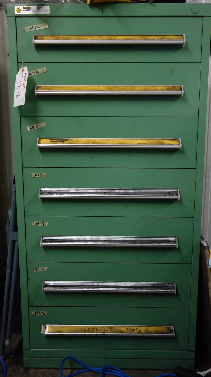 7-DRAWER STANLEY VIDMAR TOOL BOX CABINET W/ CONTENTS, BELTS, AUTOMATIVE PARTS - TOOL STORAGE