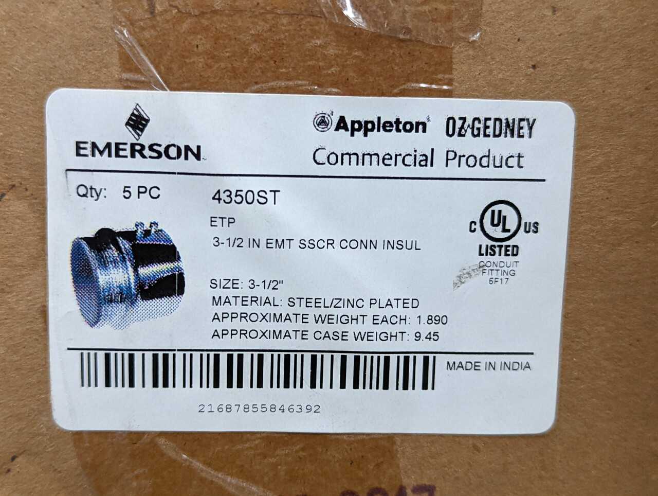 [Emerson - 11 Cases of 5] "4350ST" 3.5in Insulated EMT Connectors - ELECTRICAL COMPONENTS