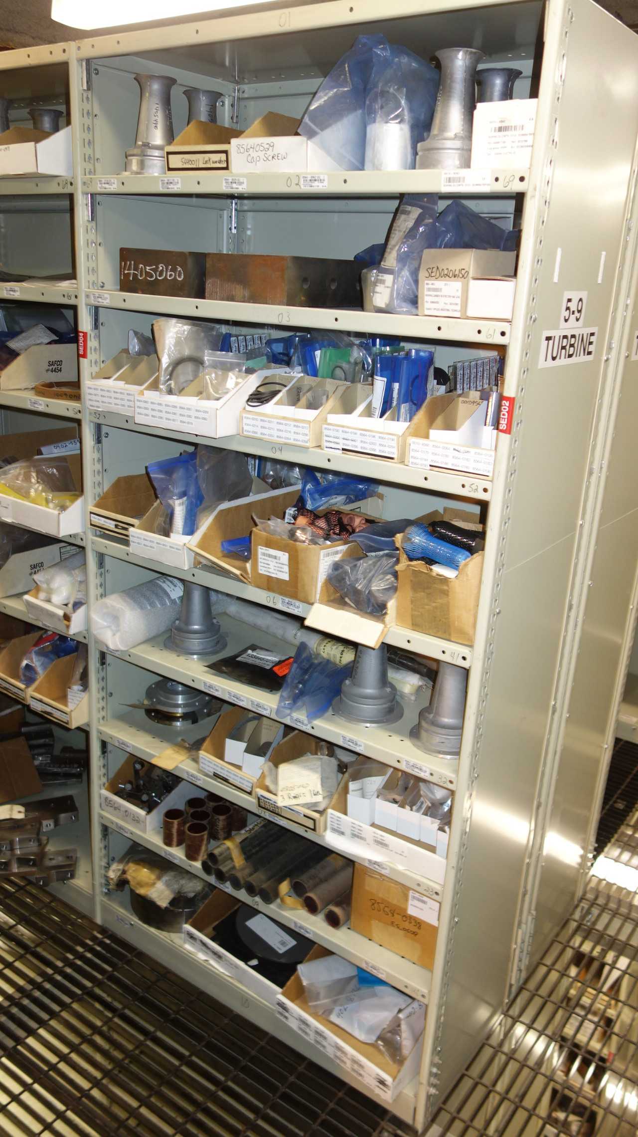 CONTENTS OF 4 SHELF COLUMNS, TURBINE PARTS - SHELVING