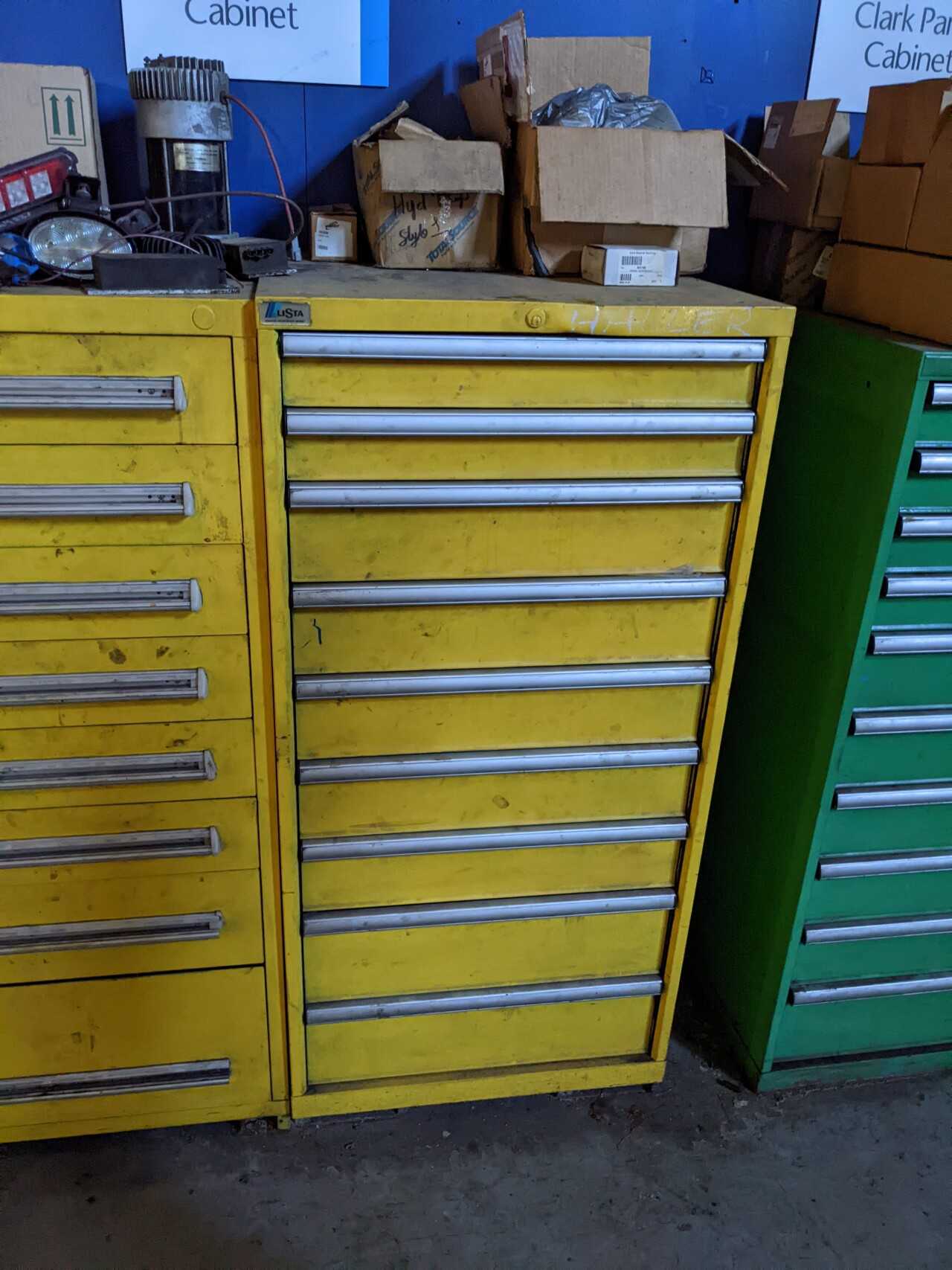 9 DRAWER LISTA TOOL CABINET WITH CONTENTS, ASSORTED HYSTER PARTS, SOLENOIDS, REPAIR KITS, SEALS, FANS, TUBES - TOOL STORAGE
