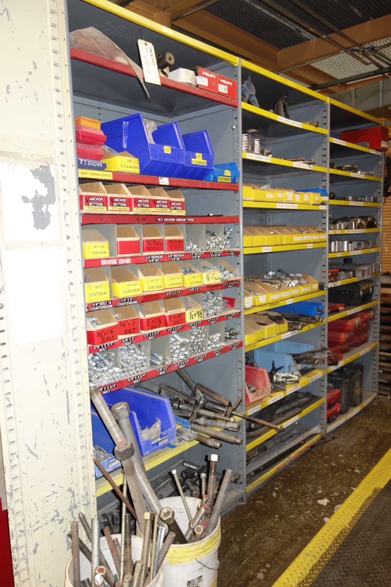 Contents of Shelving - Assorted lot of setters, anchors, bolts, and nuts - SHELVING