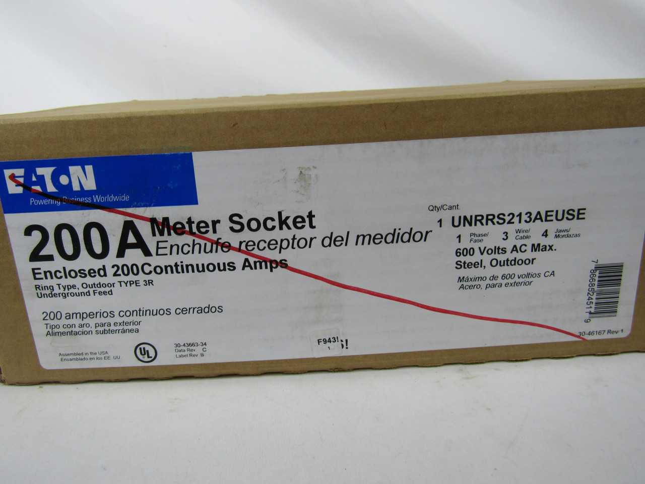 Quantity of 1 New Surplus Eaton UNRRS213AEUSE Meter Socket UNRRS 200A 600V 4 Jaws - INDUSTRIAL PARTS