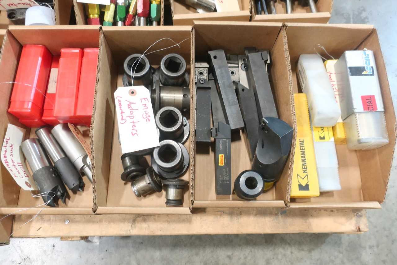 1 PALLET OF ASSORTED MACHINING ATTACHMENTS- REAMERS, DRILL CENTERS, TAPPERS, TOOL HOLDERS, PLUG GUAGES- KENNAMETAL, SANDVIK, COGSDILL, SCHUNK - ELECTRIC POWER TOOLS