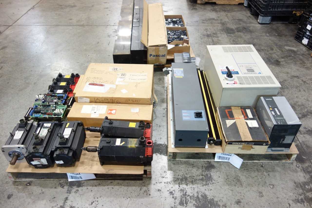 3 PALLETS OF ASSORTED ELECTRICAL, LIGHT CURTAINS, CIRCUIT BOARDS, MOTOR DRIVE,SERVO MOTORS, MODULES, BREAKERS - SERVO