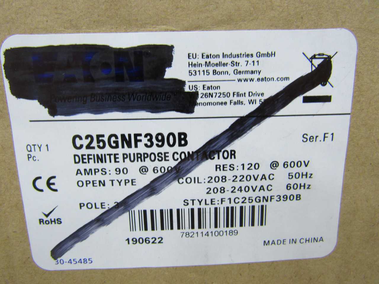 Lot of Qty 2x Eaton C25GNF390B Definite Purpose Contactor 3P 90A 600VAC 50/60Hz - CONTACTORS