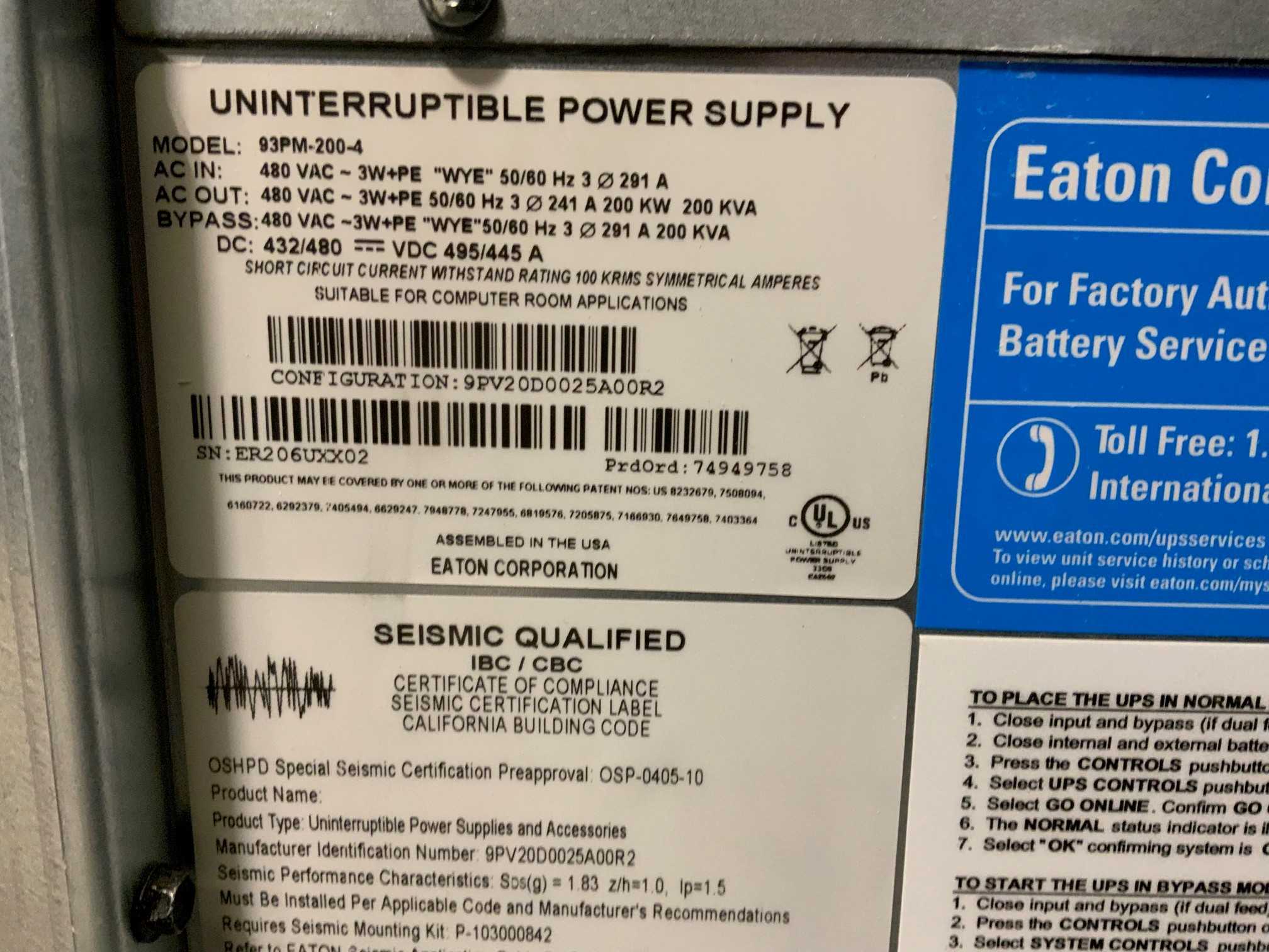 2022 EATON 93PM-200KW UPS - UPS