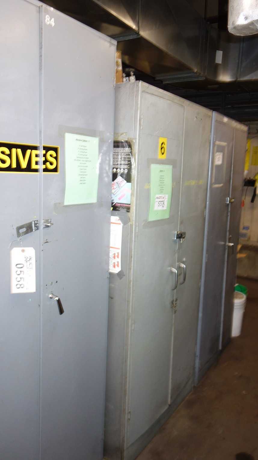 LOT OF 3 STORAGE CABINETS WITH CONTENTS, ASSORTED GRINDING WHEELS, WELDING TORCHES, CASTERS, AND SLINGS - TOOL STORAGE