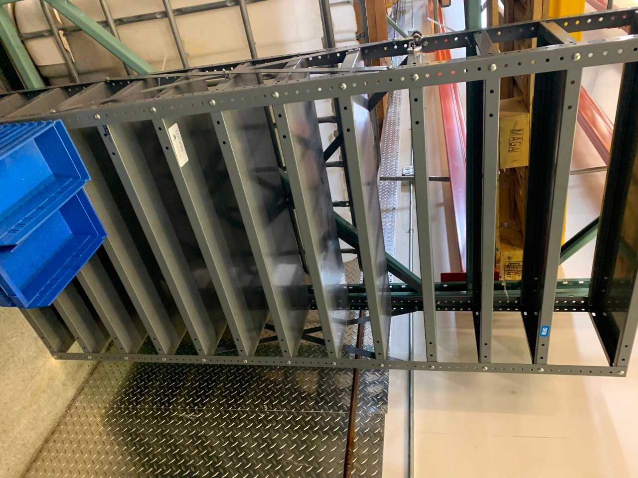 Shelf with blue bins - TOOL STORAGE