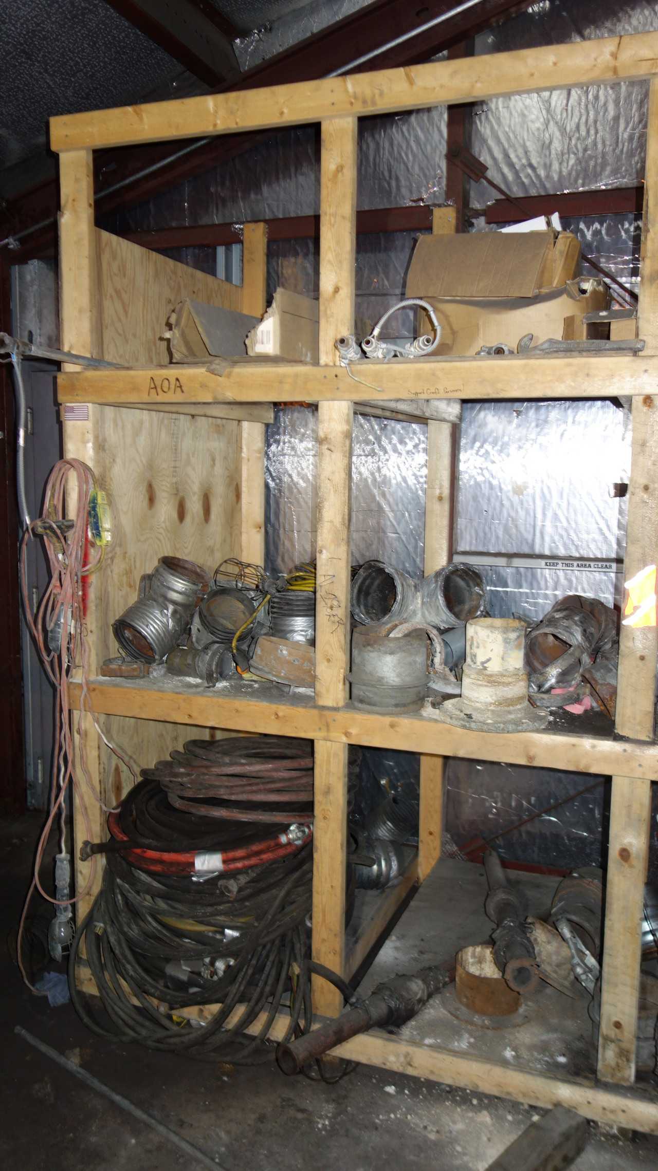 CONTENTS OF WOOD SHELVING - FITTINGS, SAFETY SUPPLIES - SHELVING
