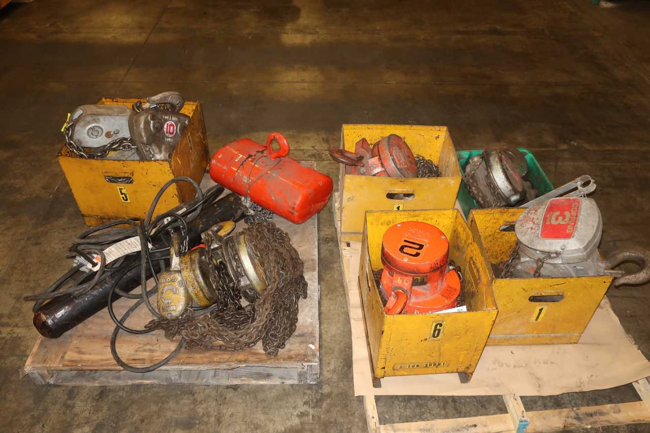2 PALLETS OF ASSORTED HOISTS 2TON-10TON COFFING CM SATELLITE - LIFTING EQUIPMENT