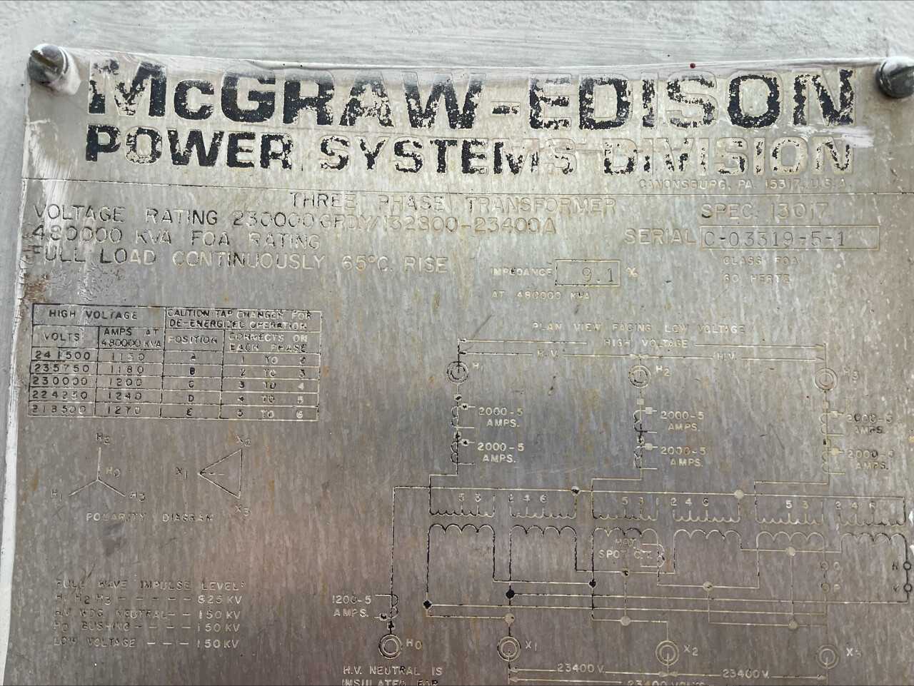 1972 McGraw-Edison 3PH Substation GSU Transformer - CONTROL TRANSFORMERS