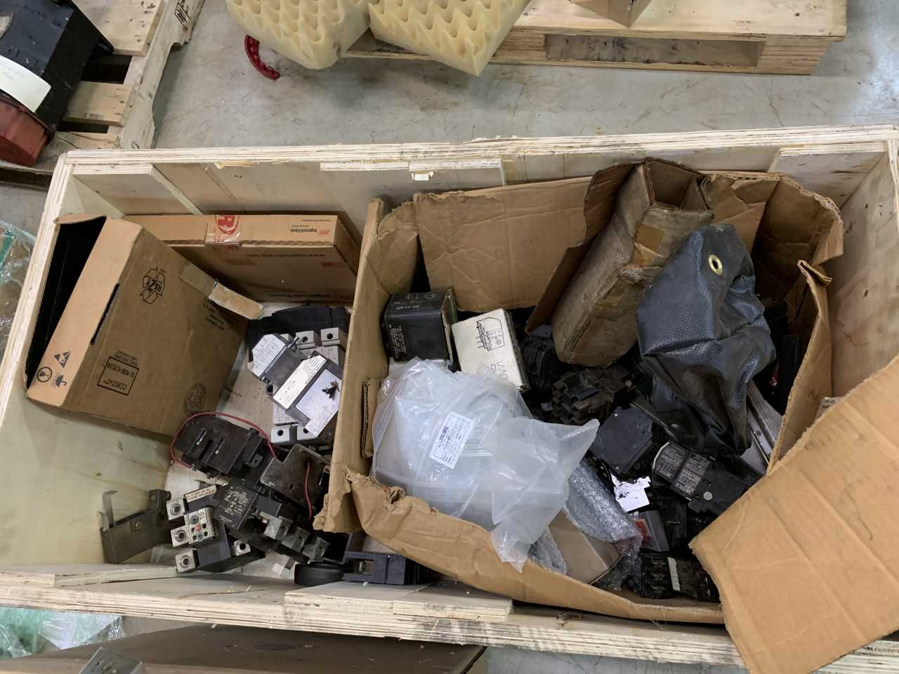 CRATE OF MISC ELECTRICAL PARTS SIEMENS , CUTLER-HAMMER, BREAKERS, OVERLOADS ETC. - INDUSTRIAL PARTS