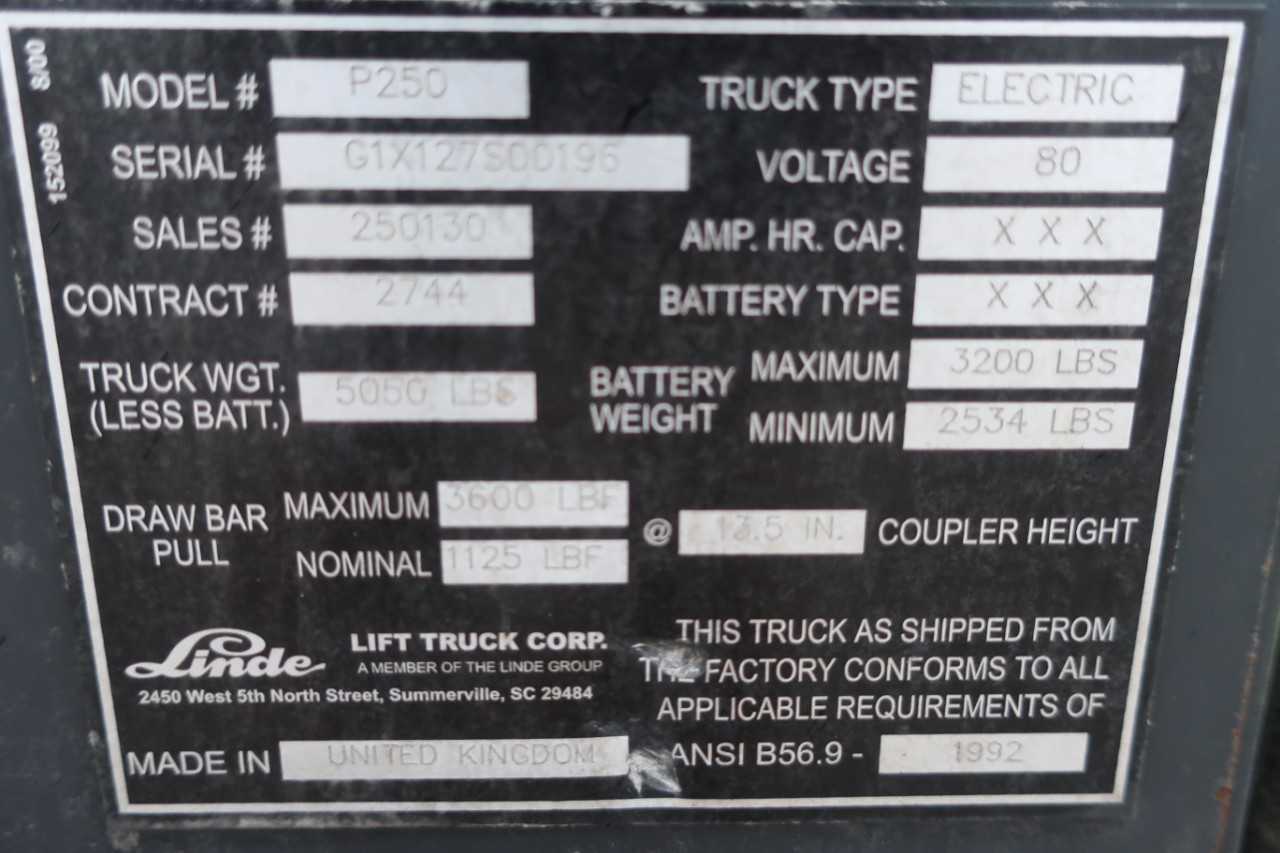 LINDE P250 80V ELECTRIC LOAD TRANSPORTER W/O BATTERY - ELECTRICAL COMPONENTS