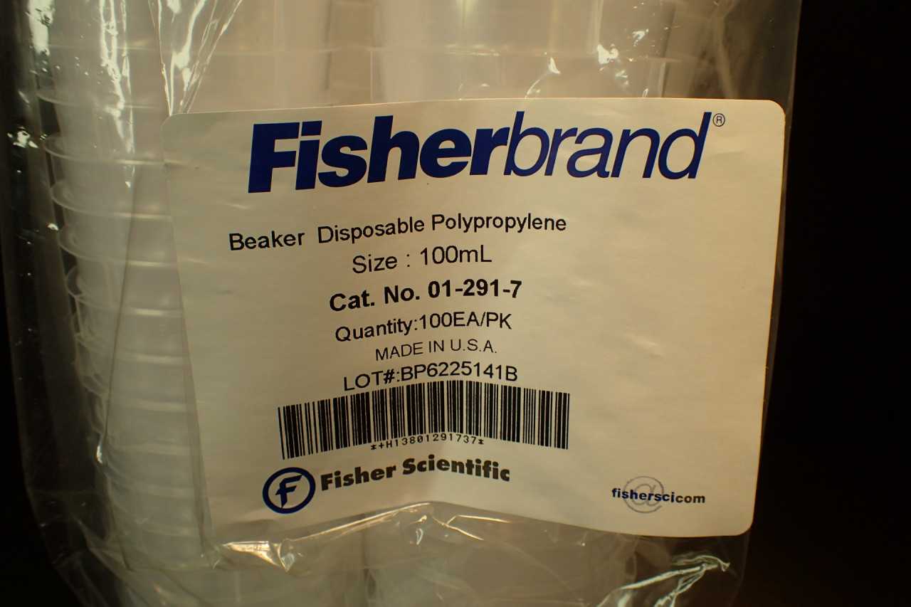 Fisher 100ml 3oz Polypropylene Disposable Beakers: 100/pack, 01-291-7, NEW! - LAB & SCIENTIFIC