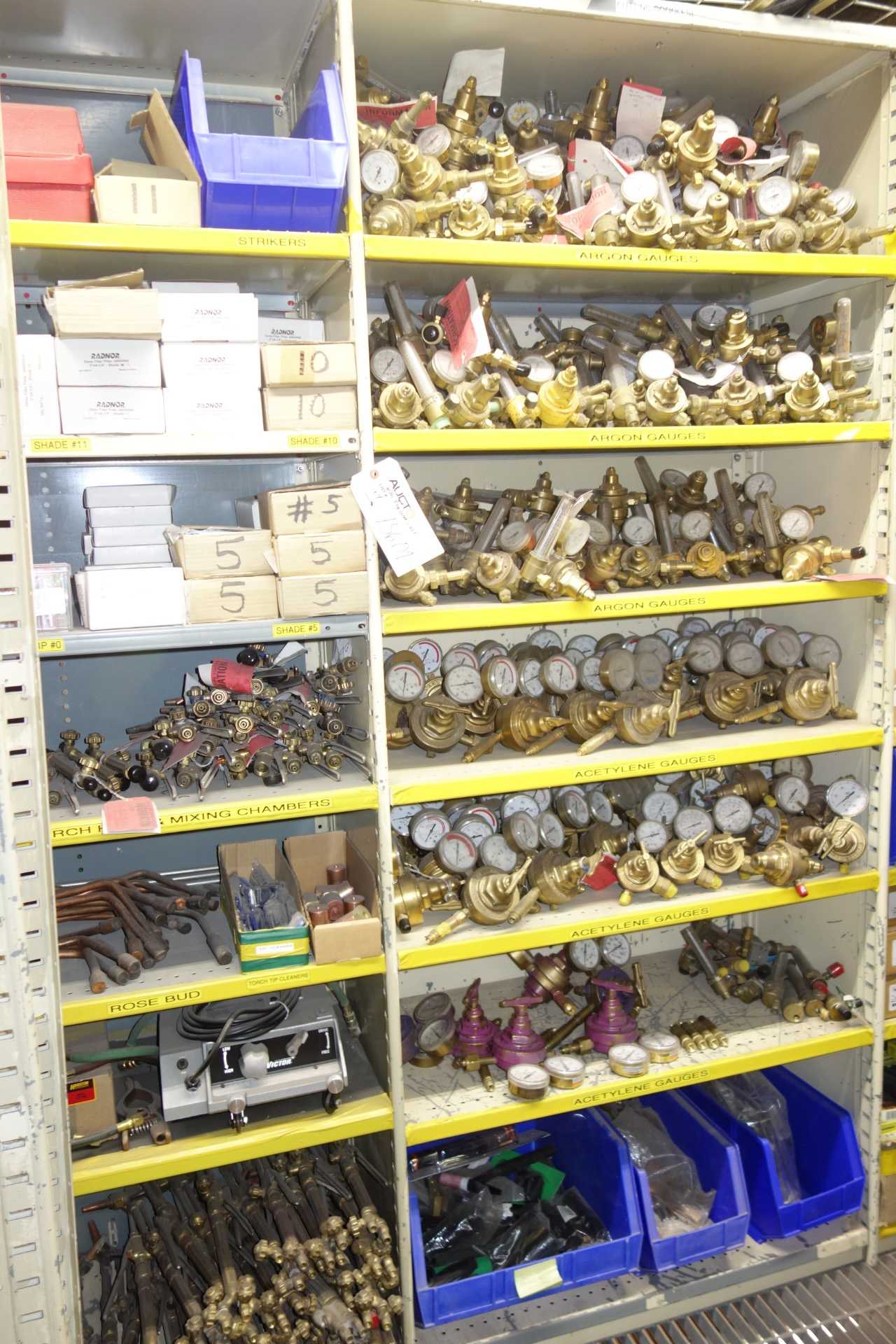 Contents of 4x shelving and cart - welding regulators, tips, torches, welding parts - WELDING EQUIPMENT