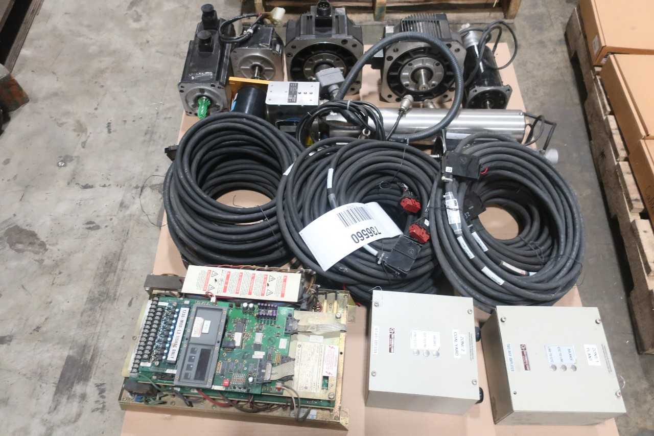1 PALLET OF ASSORTED ELECTRICAL CABLE WIRE CONTROLS, INTERFACE AMP, SERVO MOTOR-ABB, ALLEN BRADLEY, SANYO DENKI, YASKAWA - ELECTRICAL COMPONENTS